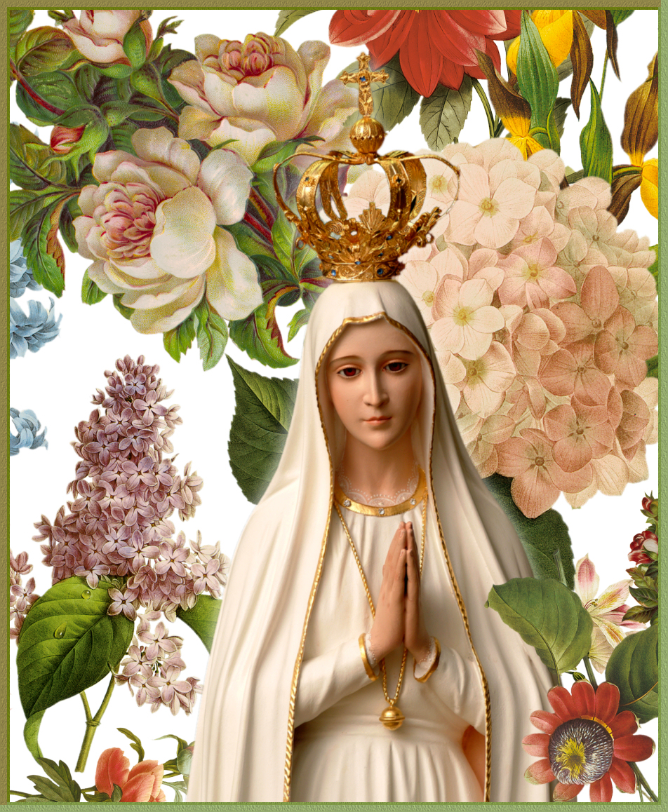 OUR LADY OF FATIMA ON FLOWER BACKGROUND