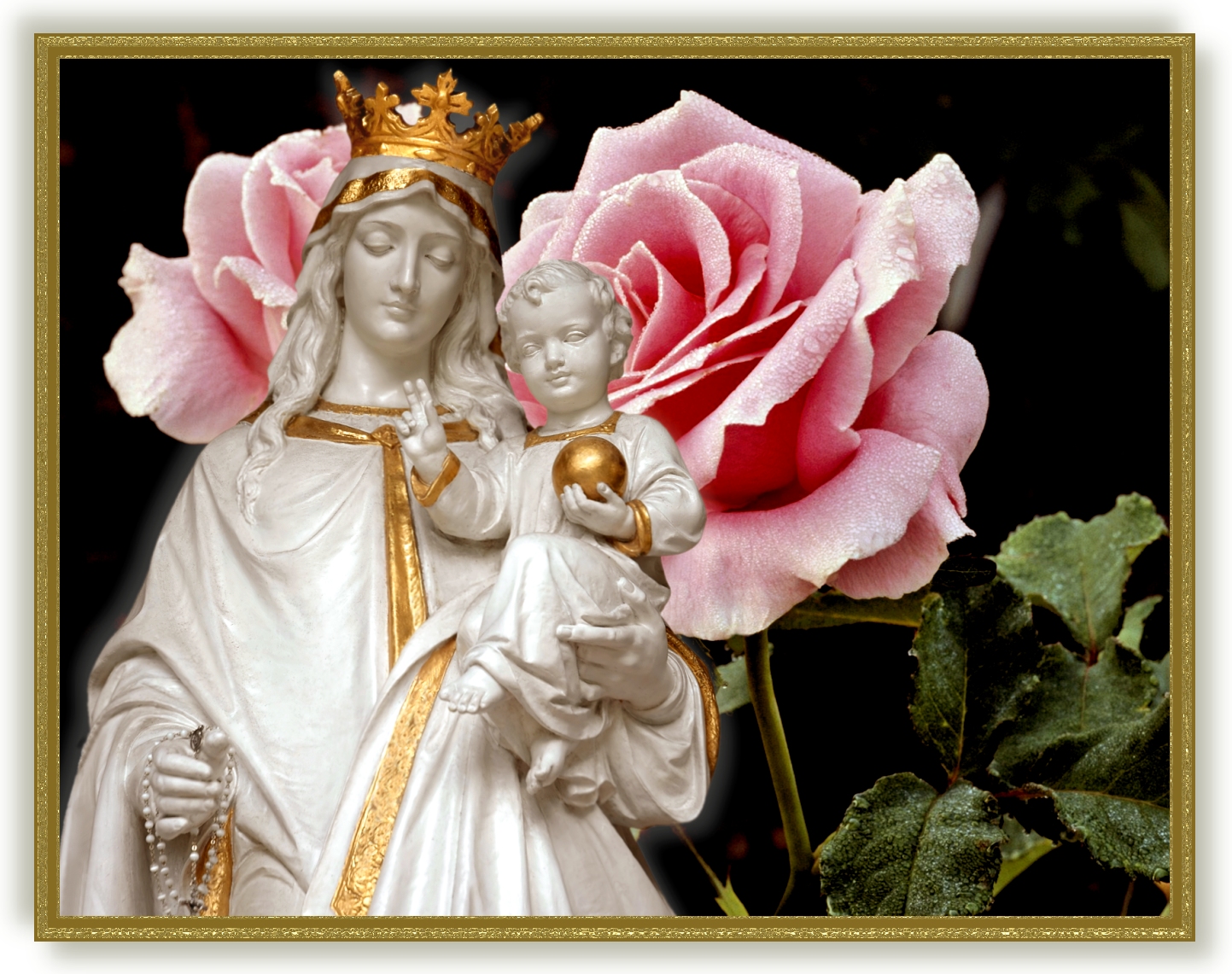 MADONNA AND CHILD STATUE WITH ROSE