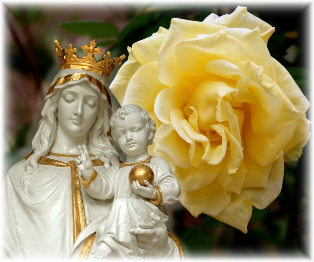 QUEEN OF HEAVEN WITH YELLOW ROSE BACKGROUND