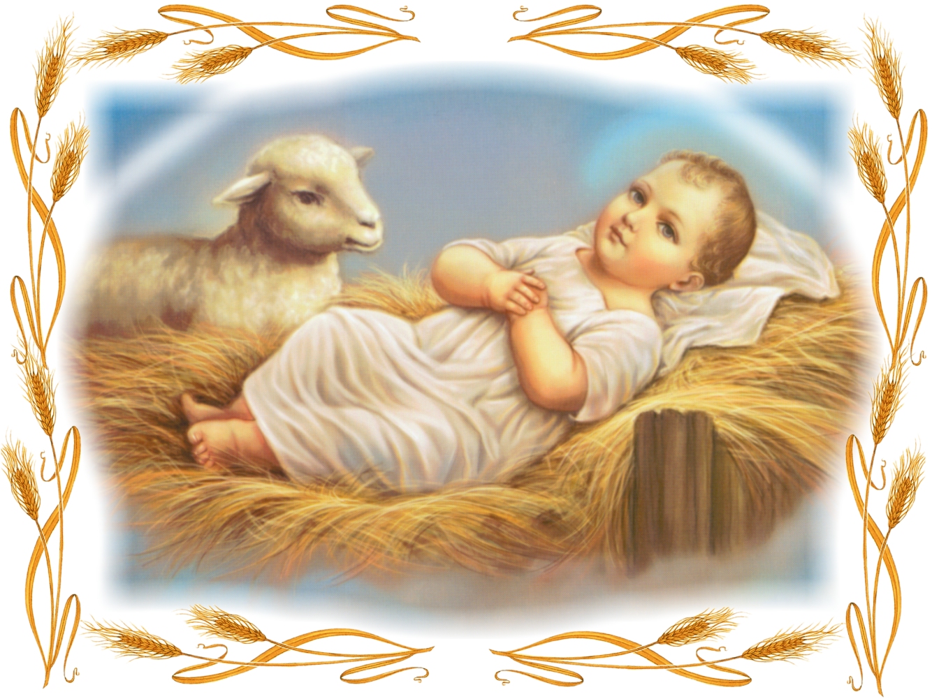 CHRIST CHILD IN THE MANGER WITH WHEAT