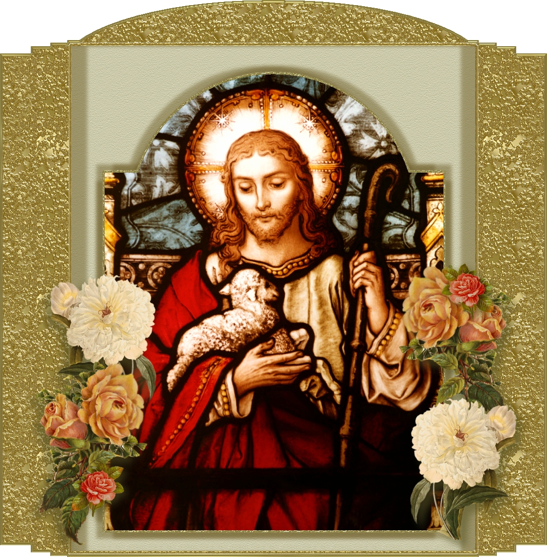 STAINED GLASS GOOD SHEPHERD WITH FLOWERS